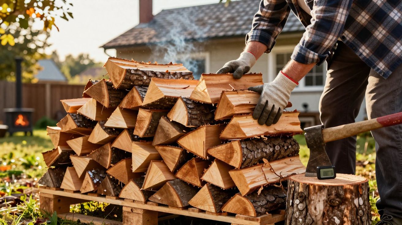 Pessoa a empilhar lenha cortada num palete no exterior, perto de casa, com machado apoiado num tronco.
