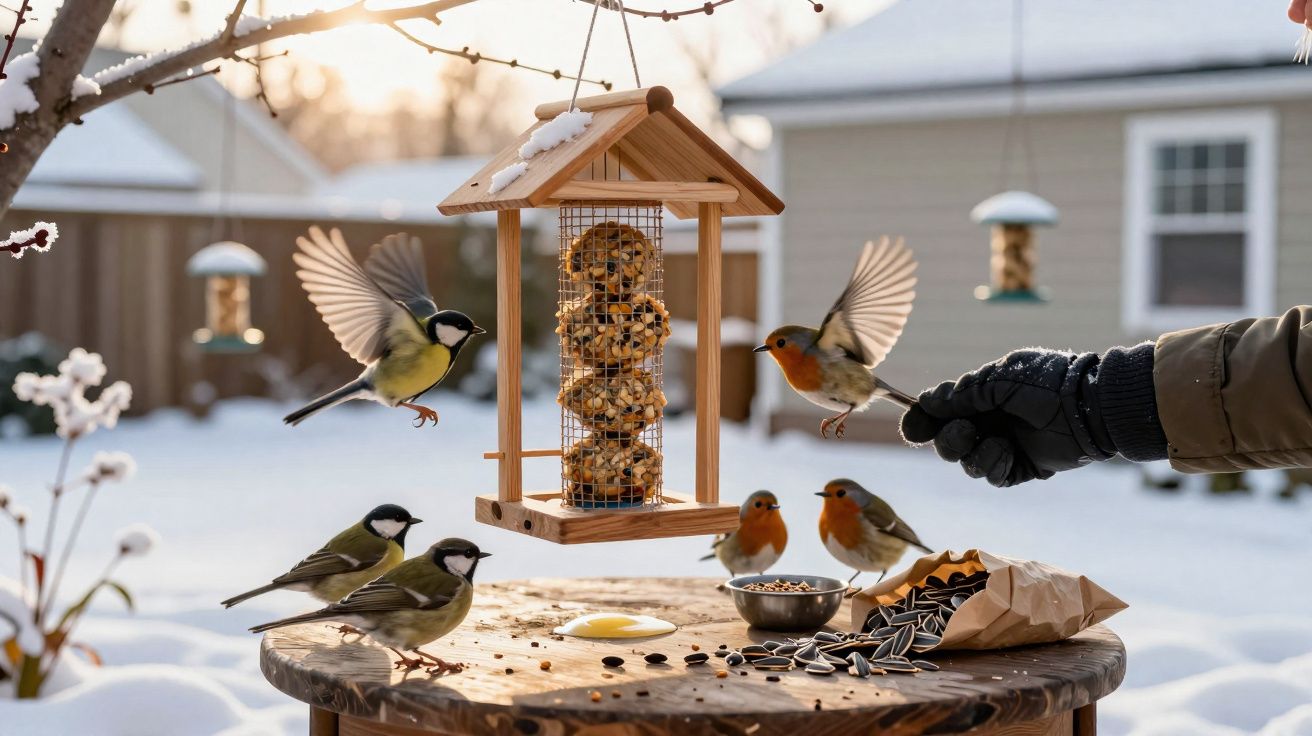 Pássaros a alimentar-se num comedouro de aves no inverno, com neve e mão com luva a oferecer comida.