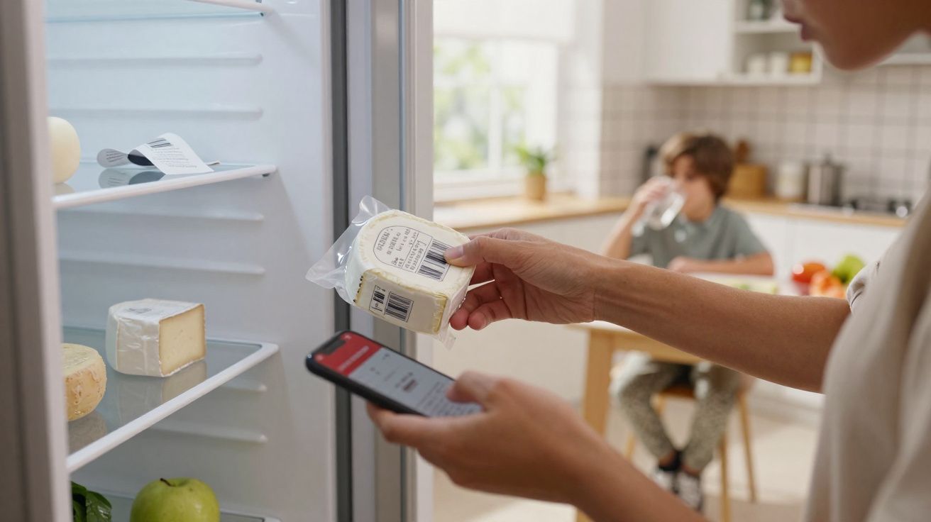 Pessoa verifica lista de compras no telemóvel enquanto segura queijo perto do frigorífico aberto, criança bebe água ao fundo.