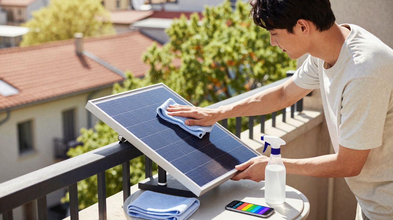 Pessoa a limpar um painel solar pequeno num terraço com pano azul e borrifador branco.