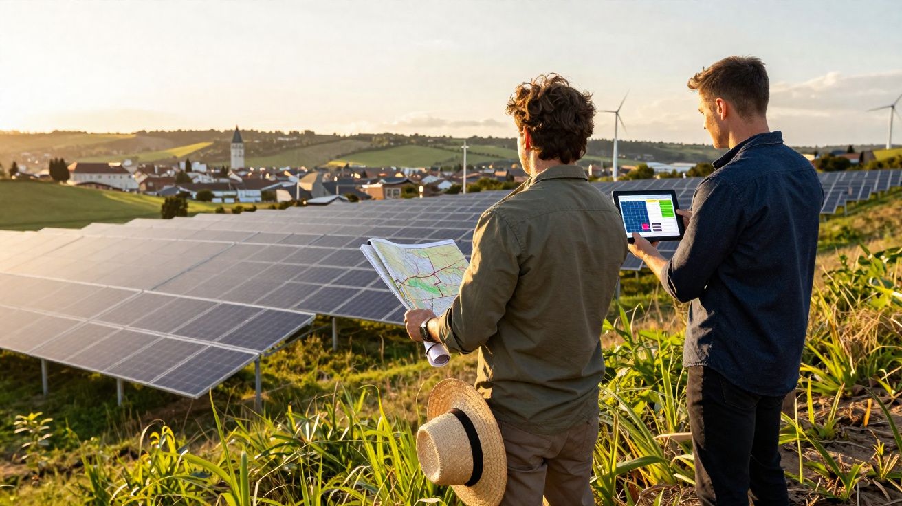 Dois homens analisam painéis solares numa paisagem rural com turbinas eólicas ao fundo ao pôr do sol.