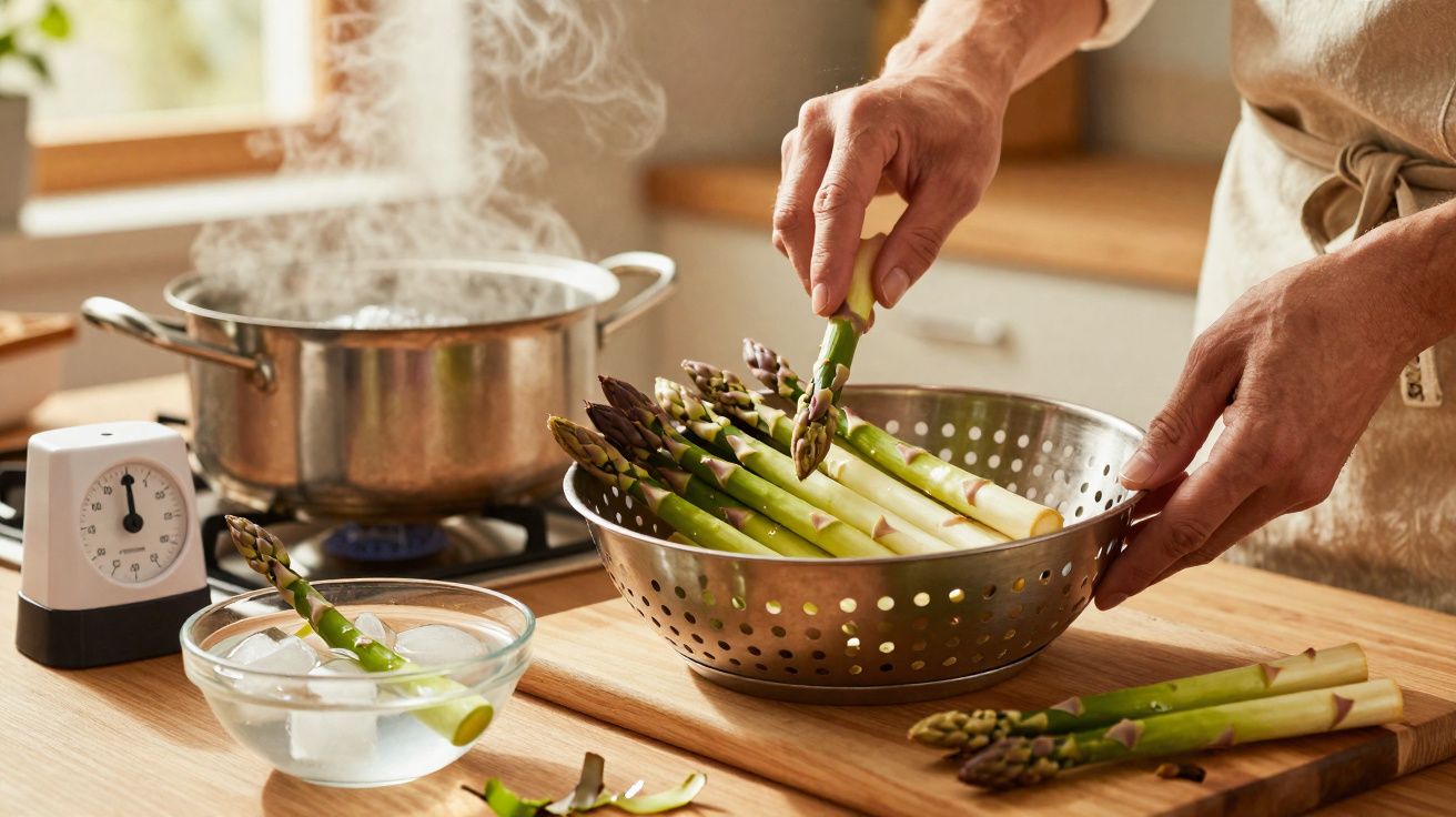 Pessoa a preparar espargos verdes com panela de água a ferver na cozinha.