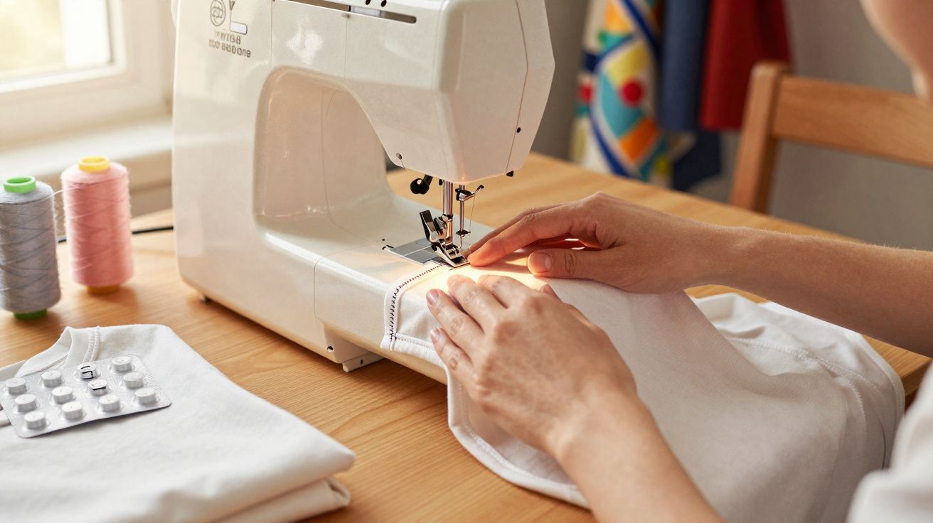 Máquina de costura branca em madeira, mãos a coser tecido branco, carretéis de linha e medicamentos ao lado.
