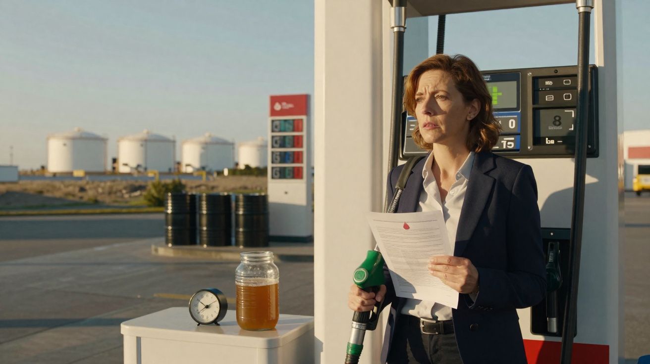 Mulher de fato escuro segura papel e pistola de combustível numa bomba de gasóleo, com reservatórios ao fundo.