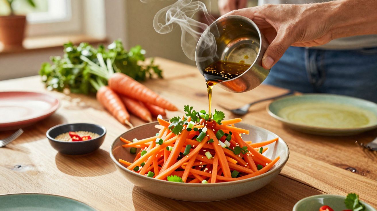 Pessoa a deitar molho quente em salada de cenoura cortada em palitos com ervas frescas na mesa.