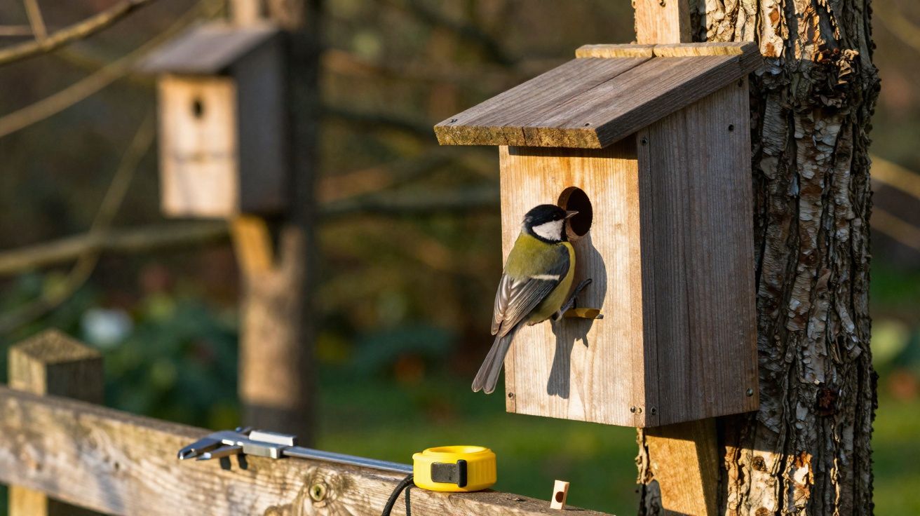 Pássaro-de-cabeça-preta pousado numa caixa de madeira junto a uma árvore num jardim.