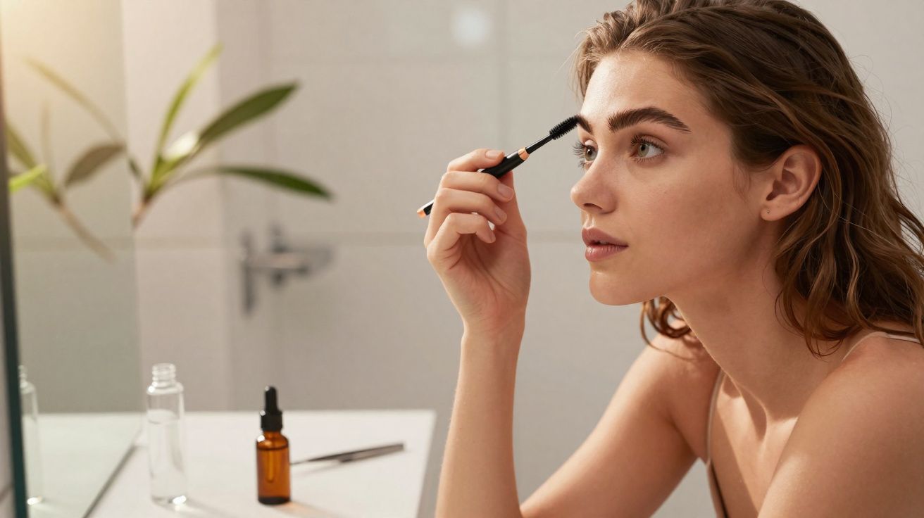 Mulher a aplicar máscara de pestanas sentada à frente de um espelho numa casa de banho.
