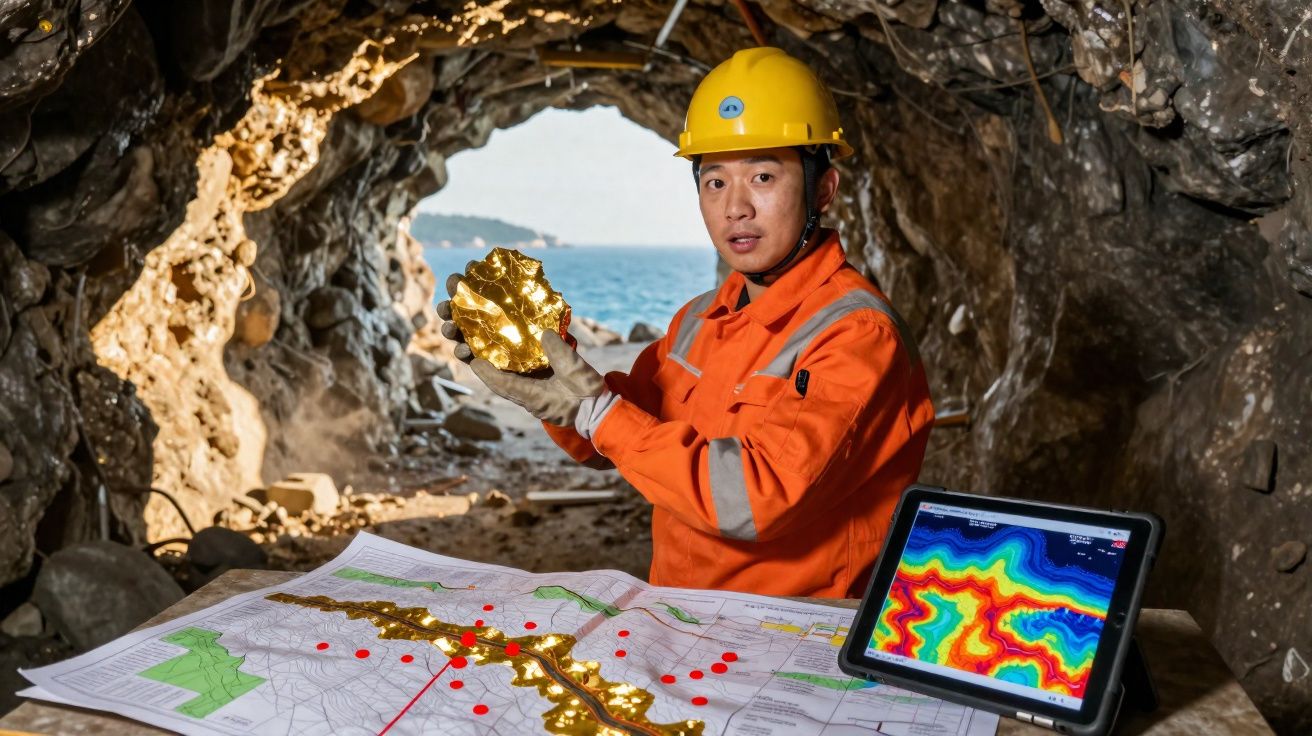 Homem de capacete amarelo segura pepita de ouro numa mina com mapas e ecrã de análise geológica.