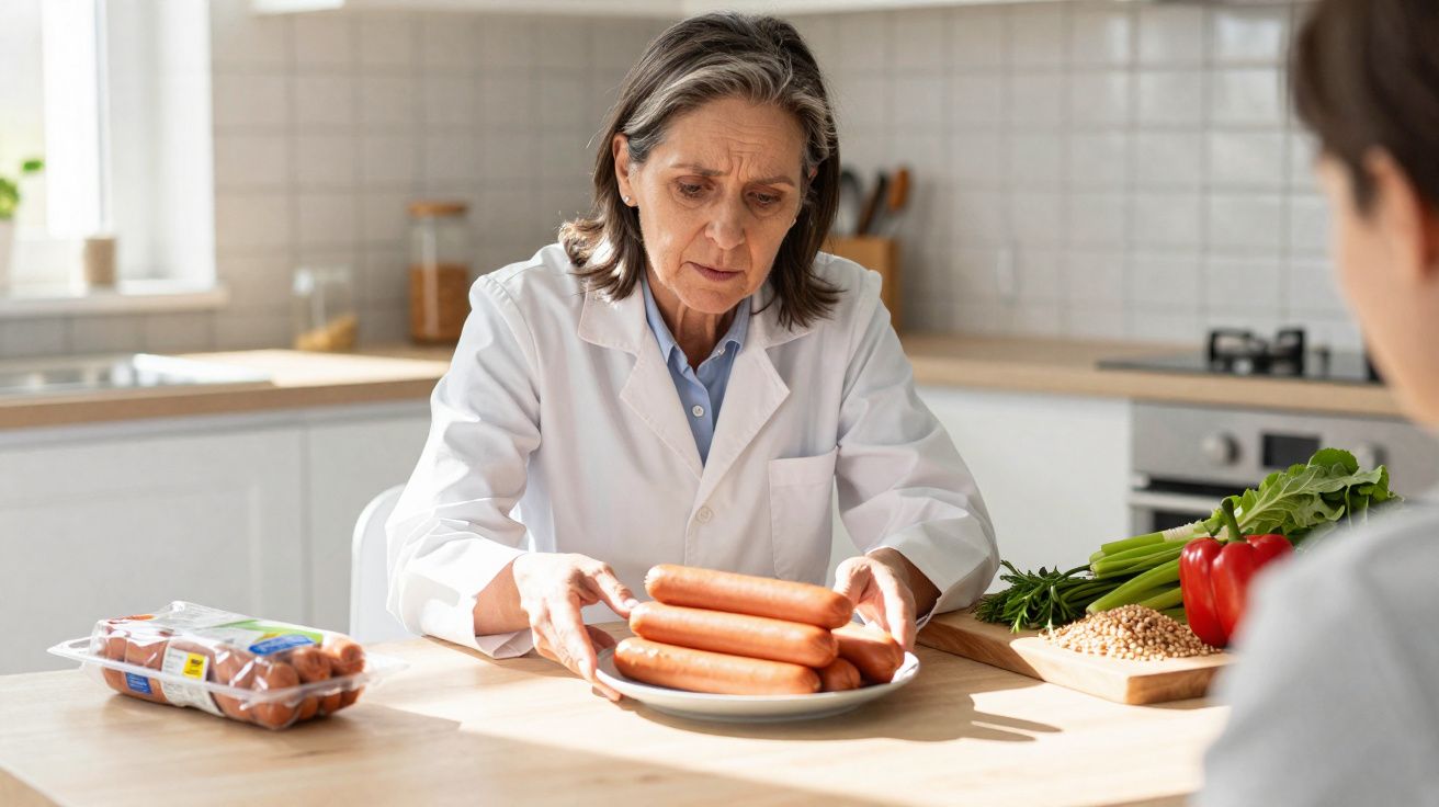 Mulher em bata branca observando com atenção um prato com salsichas numa cozinha moderna.