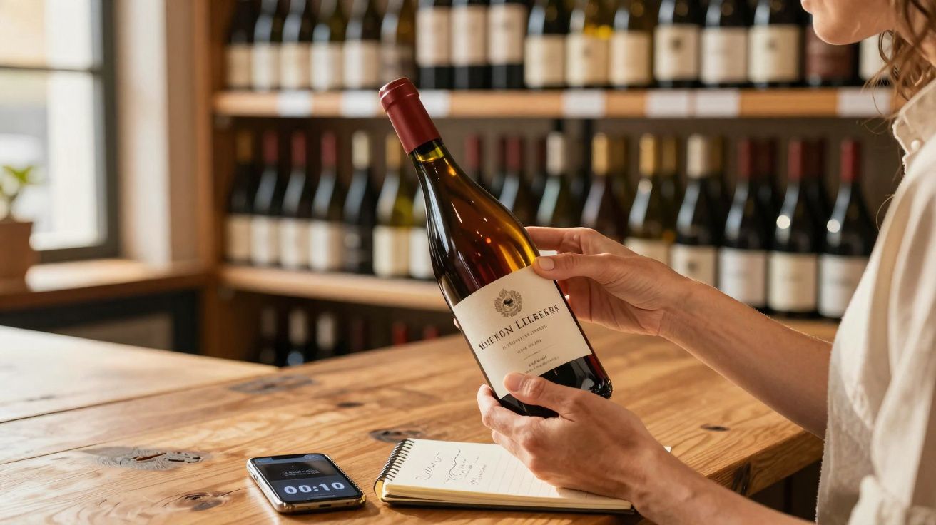 Pessoa segurando uma garrafa de vinho tinto numa loja de vinhos com telemóvel e caderno na mesa de madeira.