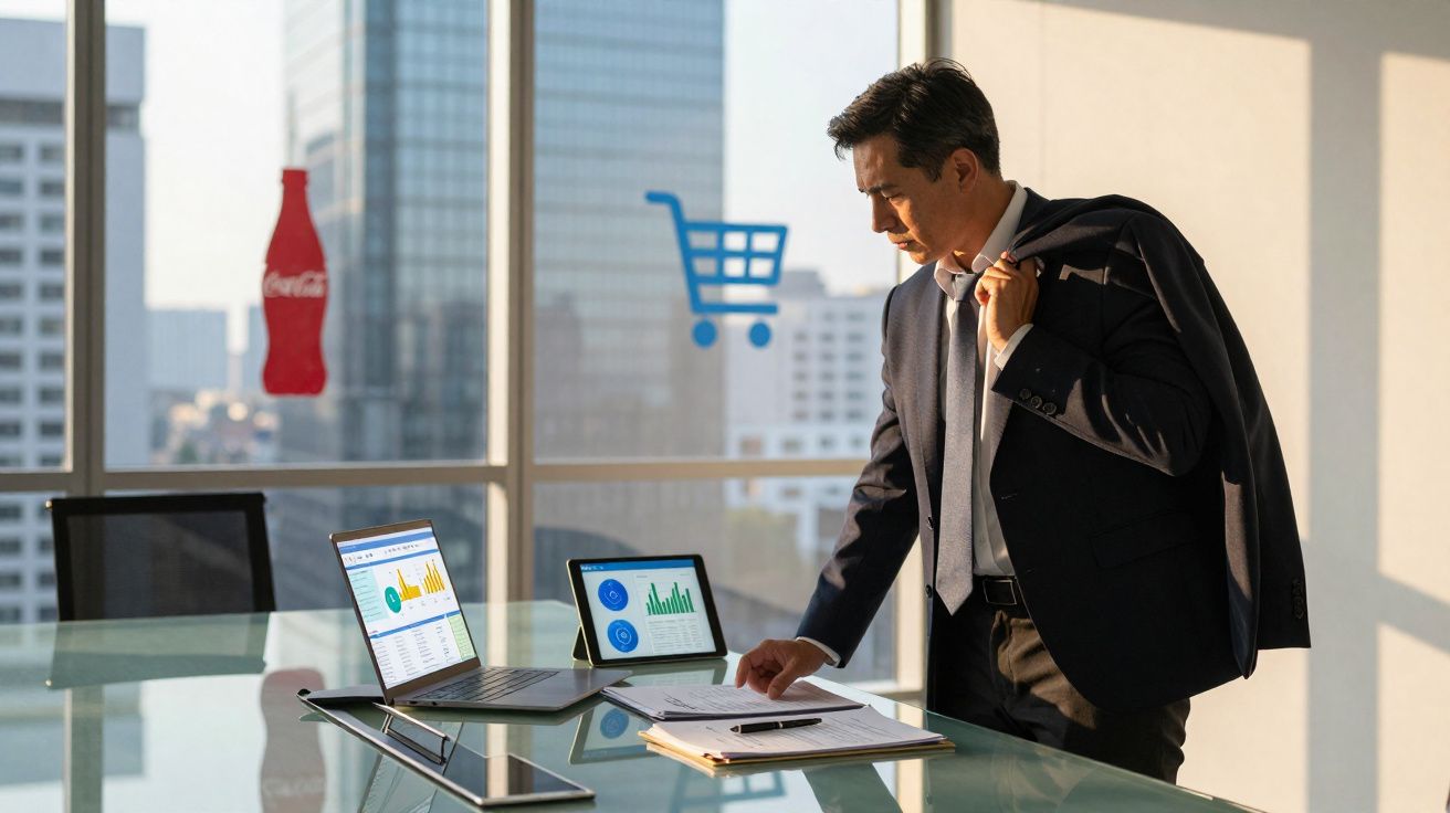 Homem de negócios de fato a analisar documentos e gráficos digitais numa mesa de vidro com vista para a cidade.