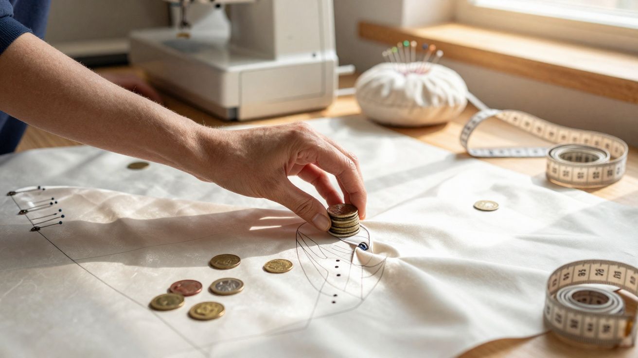 Mão a prender tecido com pequenas moedas para corte, numa mesa com máquina de costura e fita métrica.