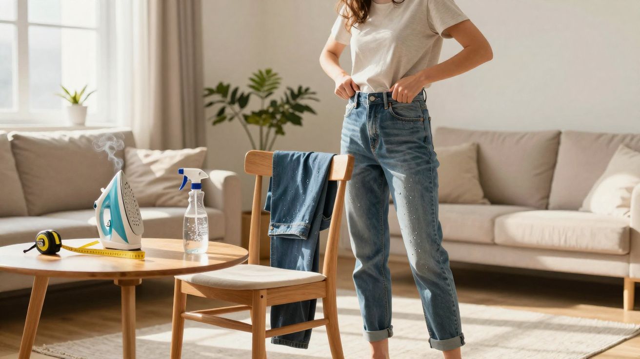 Pessoa a experimentar calças de ganga em sala com sofá, mesa, ferro de engomar e garrafa pulverizadora.