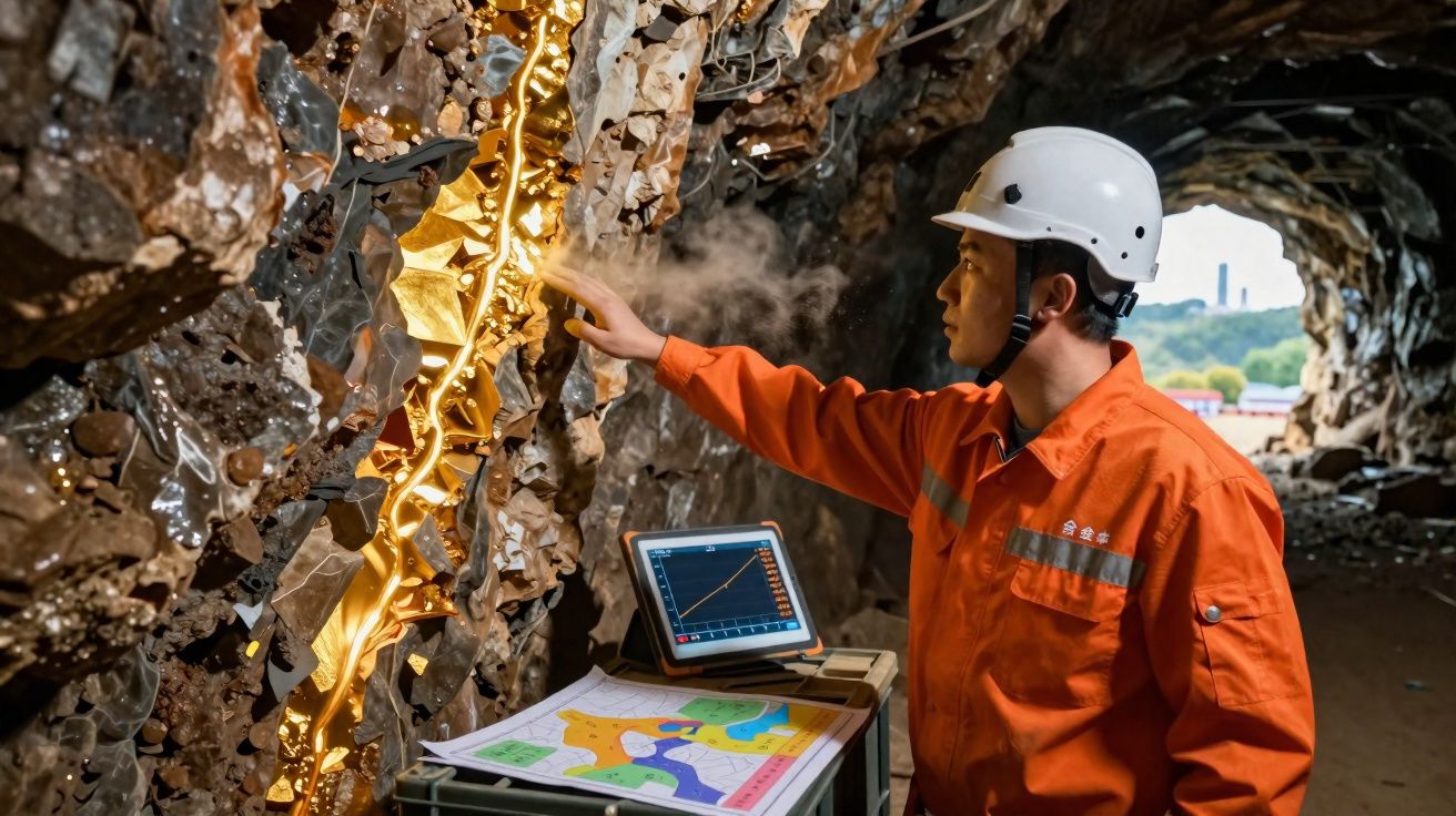 Homem com capacete branco e fato laranja inspeciona veios dourados numa mina subterrânea com equipamento tecnológico.