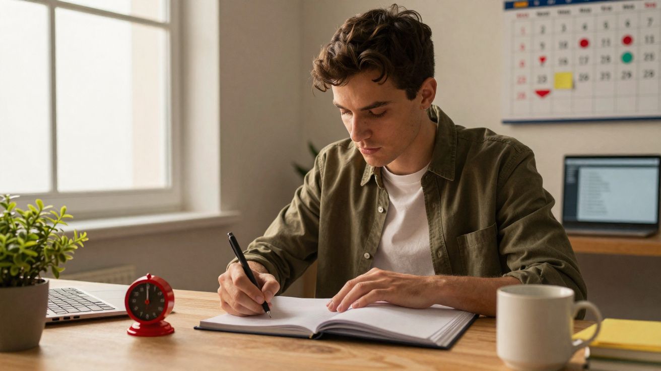 Jovem sentado a escrever num caderno à mesa com computador, caneca, planta e relógio vermelho.