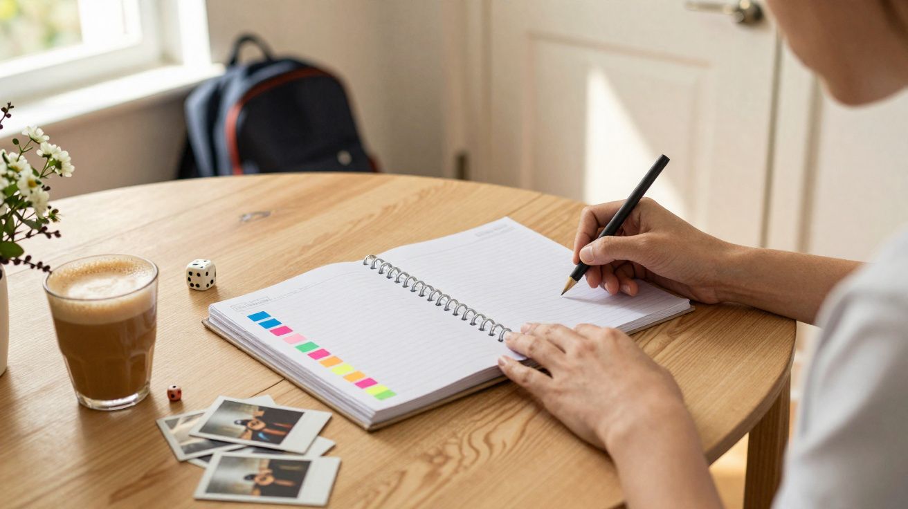 Pessoa a escrever num caderno espiral aberto numa mesa com café, fotografias instantâneas e um dado.