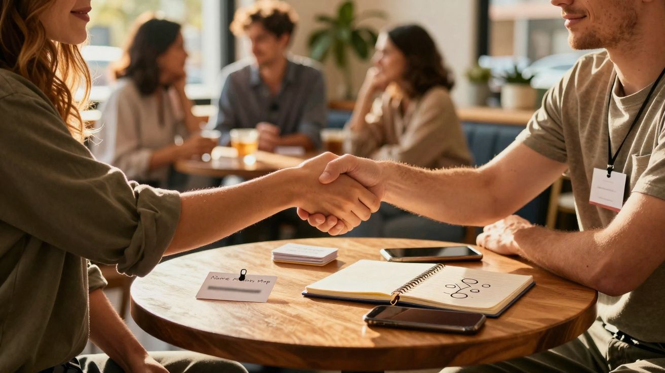 Duas pessoas a cumprimentar-se com aperto de mãos numa mesa com cadernos e telemóveis numa reunião informal.