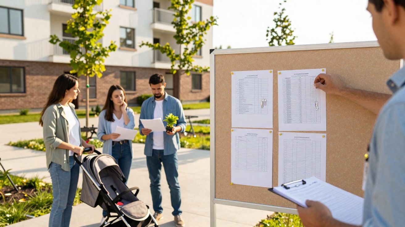 Pessoa consulta lista num quadro de avisos ao ar livre enquanto três adultos com carrinho de bebé leem papéis.