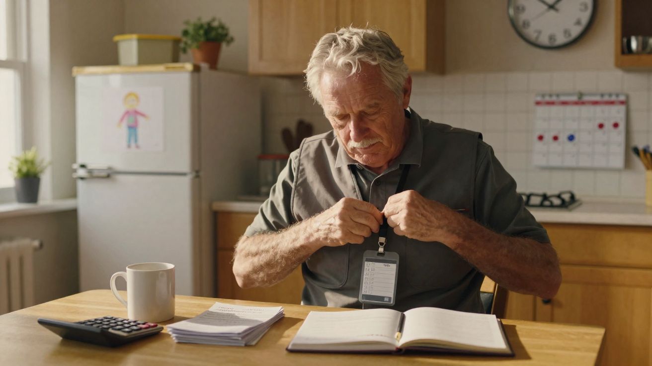 Homem idoso sentado à mesa com cadernos, caneca e calculadora, colocando um crachá no peito.