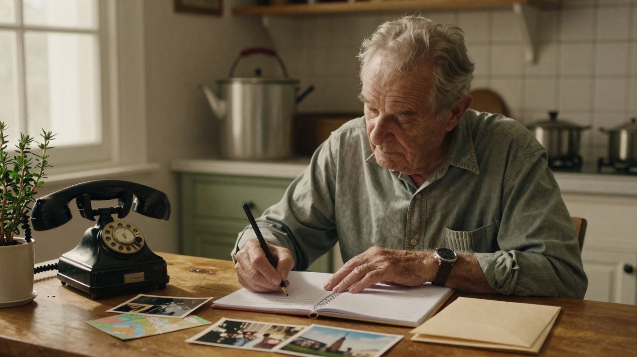Homem idoso sentado à mesa a escrever num caderno, com fotografias e um telefone antigo à sua frente.