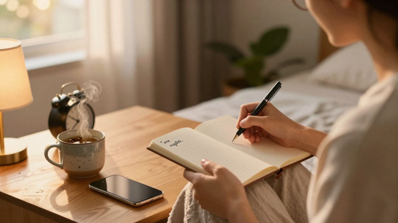 Pessoa a escrever num caderno sentado na cama, com relógio, chá quente e telemóvel numa mesa de madeira.