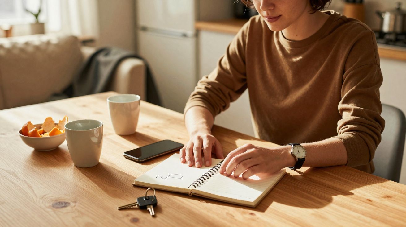 Pessoa sentada a desenhar num caderno numa mesa de madeira com telemóvel, chaves e chávena ao lado.
