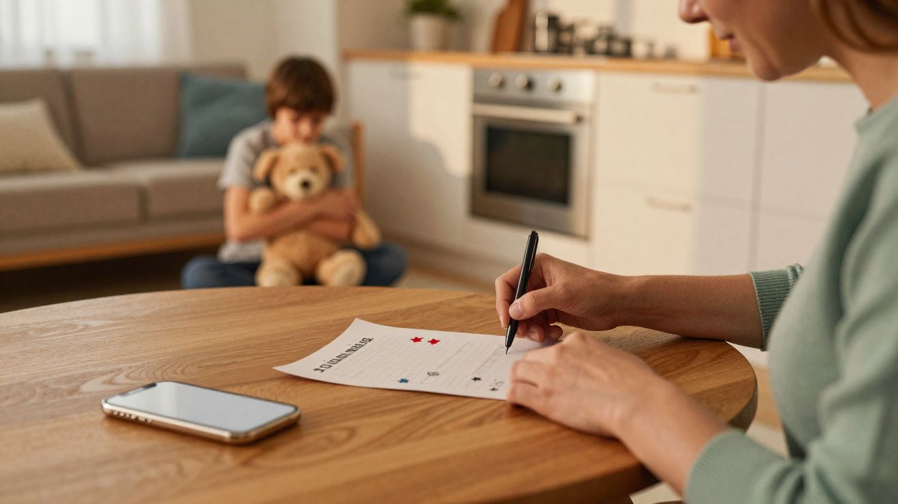 Pessoa a preencher formulário numa mesa com criança ao fundo abraçada a um urso de peluche.