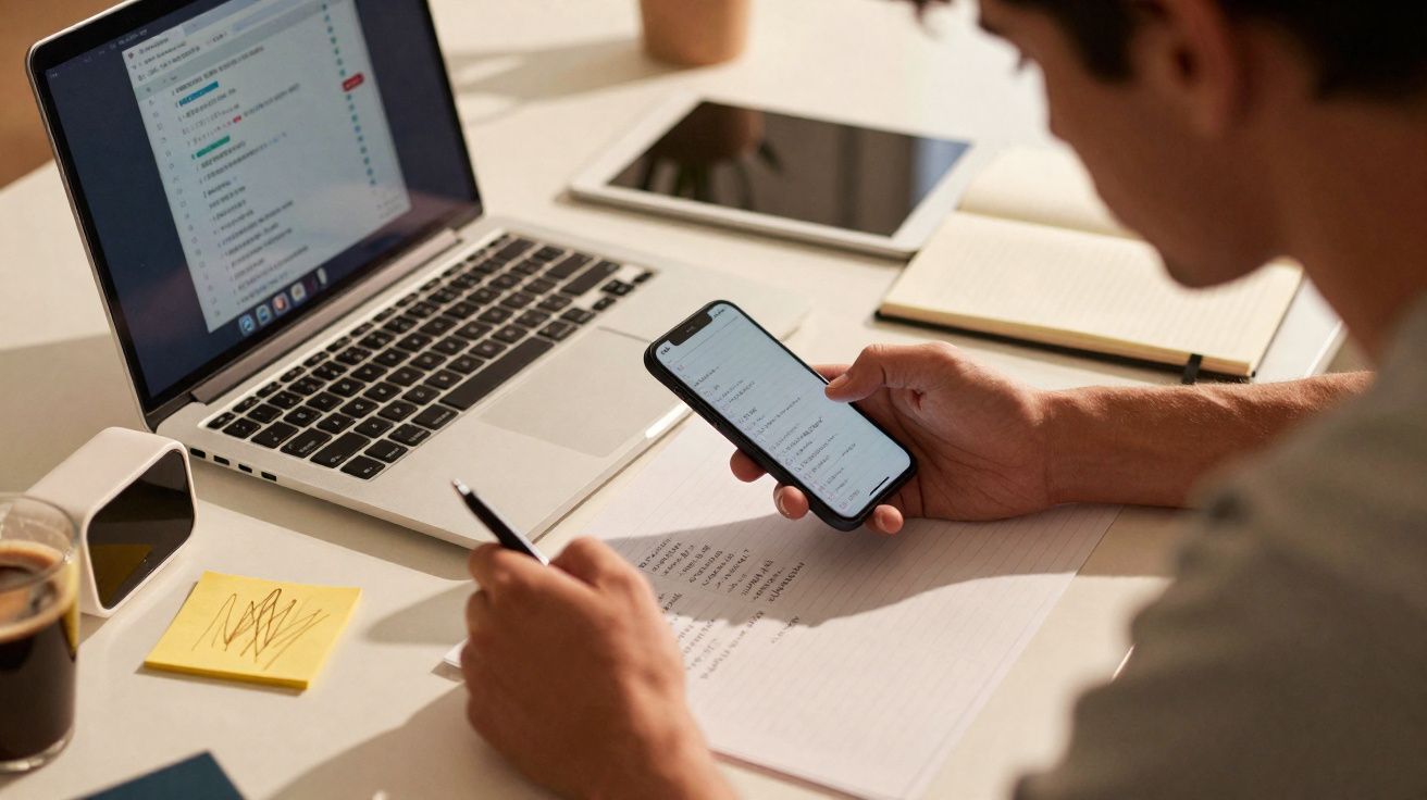 Pessoa a trabalhar numa mesa com portátil, telefone, tablet, caderno e caneta num ambiente de escritório.