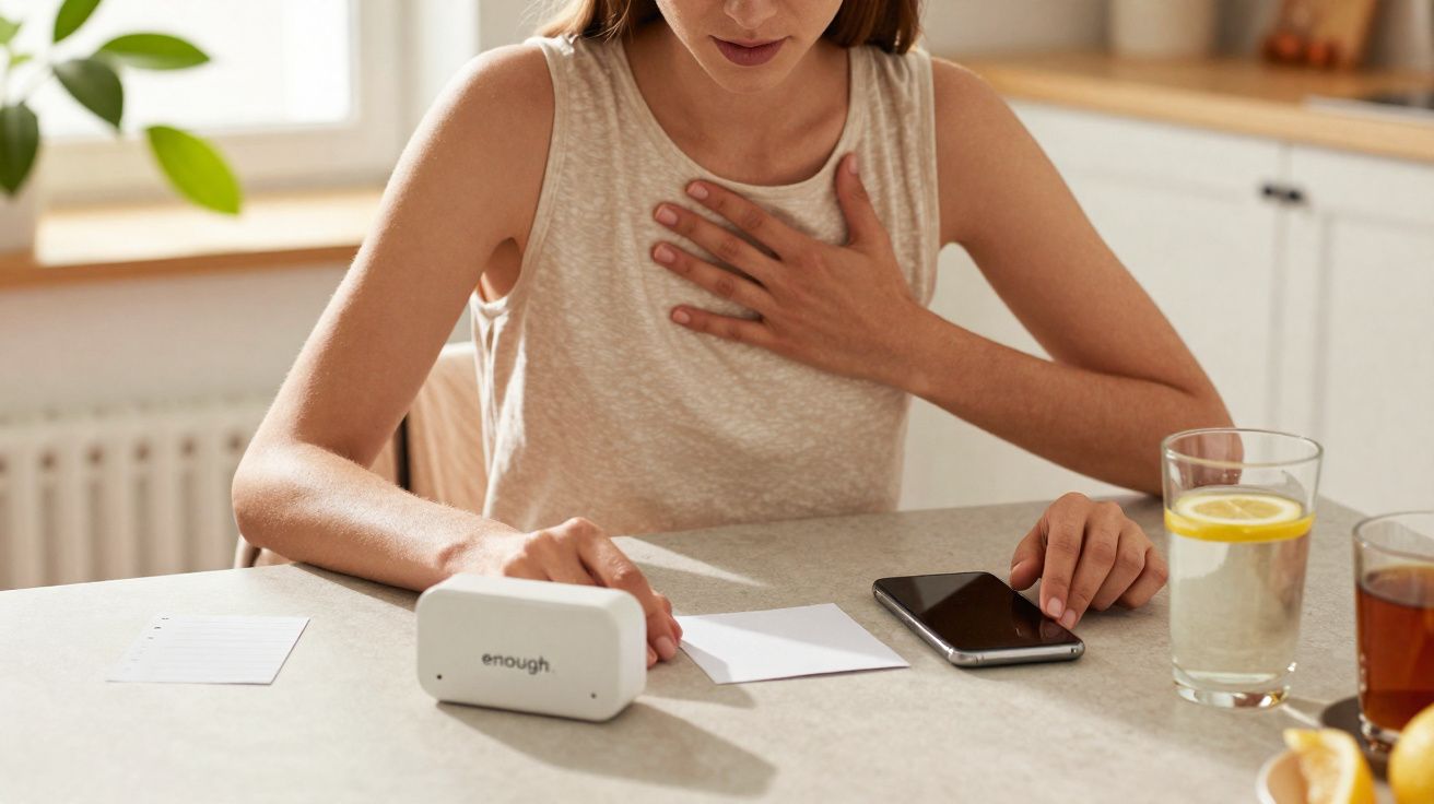 Mulher sentada à mesa, segurando o peito com uma mão e com dispositivo de monitorização respiratória à frente.