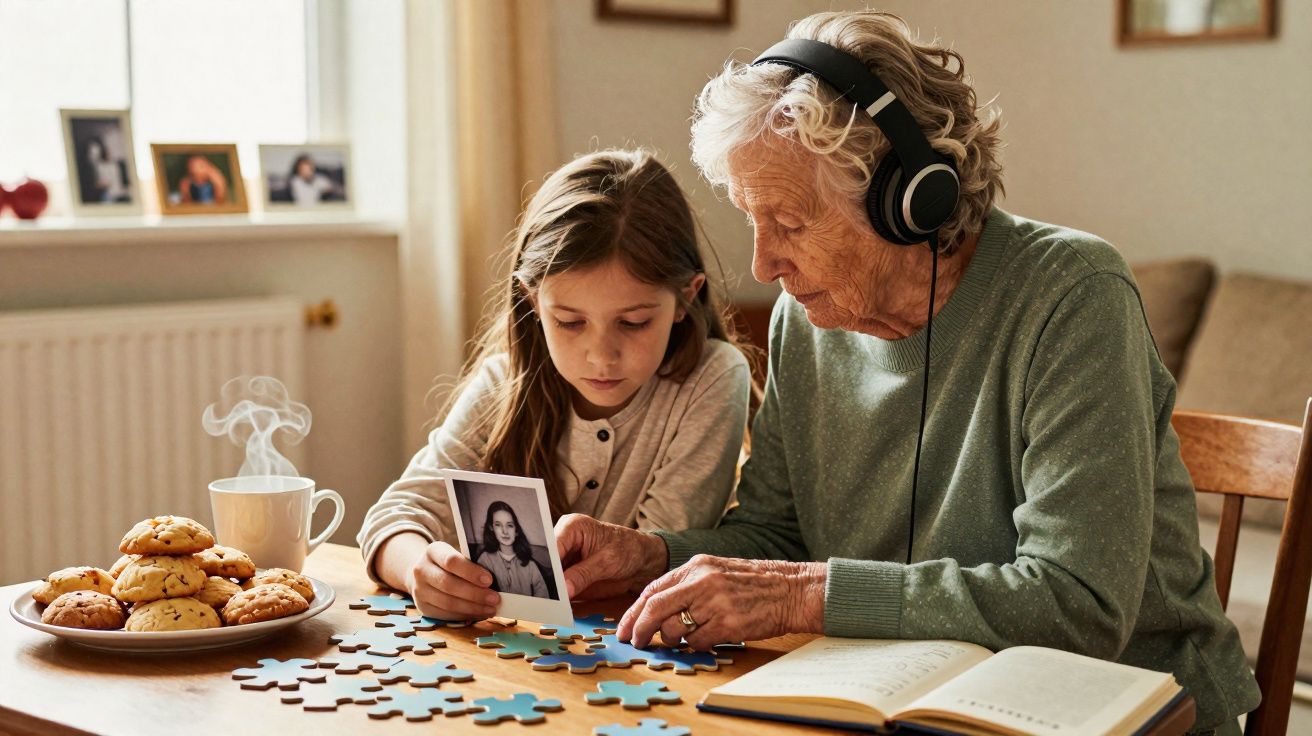 Criança e idosa com auscultadores montam puzzle em mesa com chá e bolachas numa sala acolhedora.