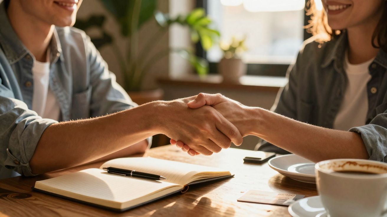 Duas pessoas a fechar acordo com aperto de mãos numa mesa com caderno, caneta e café.