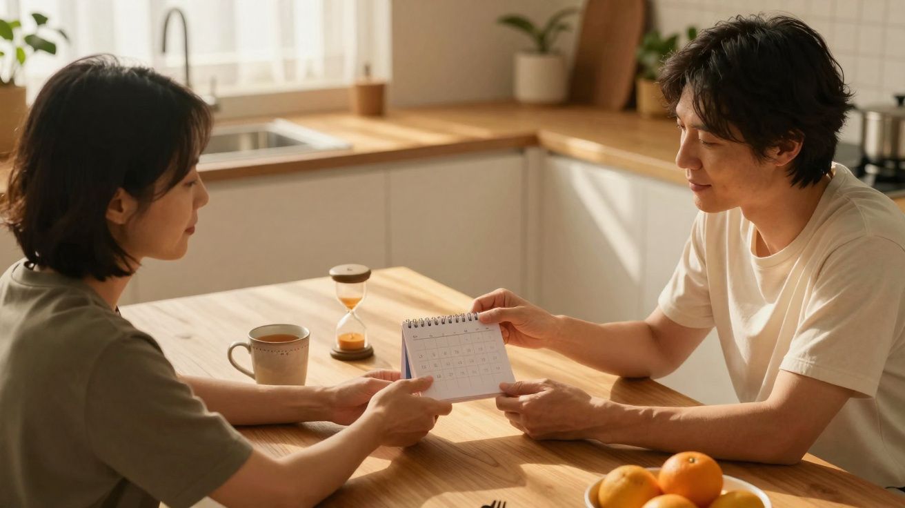 Duas pessoas à mesa de cozinha a olhar para um calendário e um timer sanduicheiro com frutas à frente.