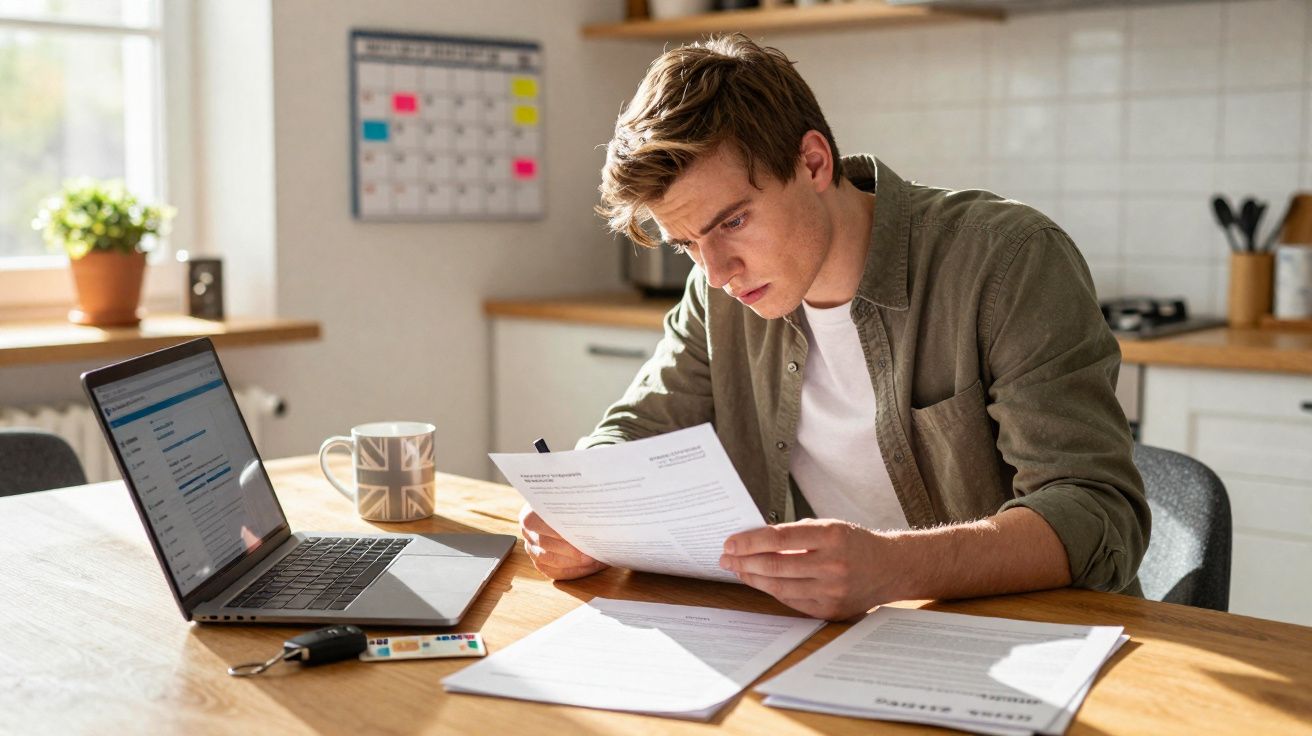 Jovem a analisar documentos sentado à mesa da cozinha com portátil e chávena ao computador.