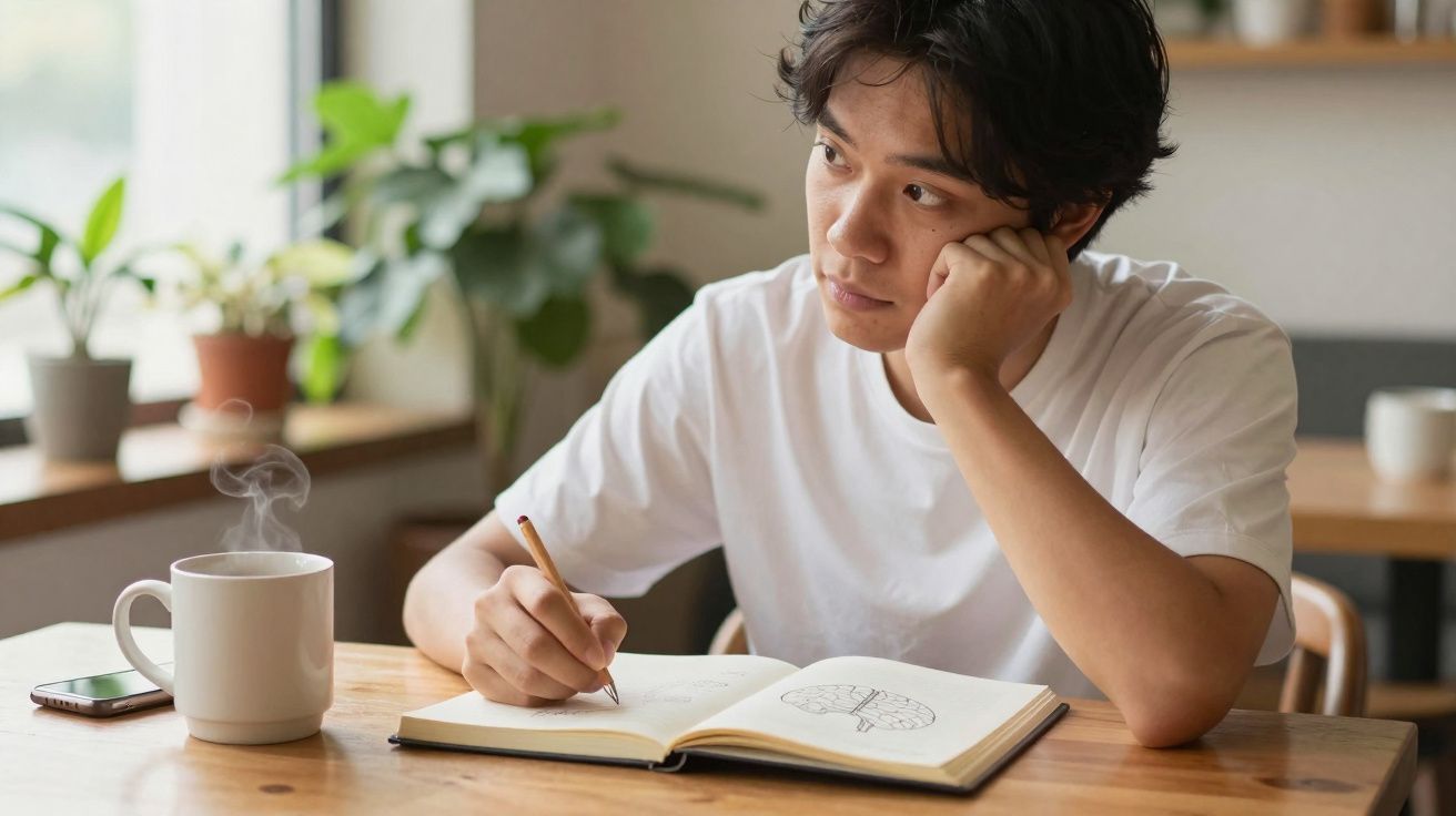 Jovem sentado à mesa, a escrever num caderno aberto com uma caneca fumegante ao lado.