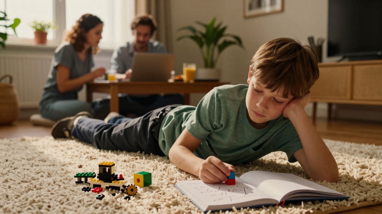 Menino deitado no tapete a fazer atividades enquanto pais trabalham no computador ao fundo.