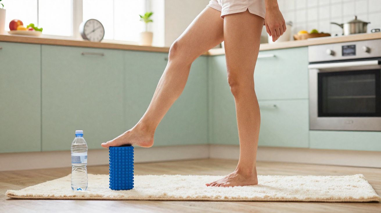Pessoa a fazer exercício de alongamento dos pés com rolo de massagem em tapete numa cozinha.