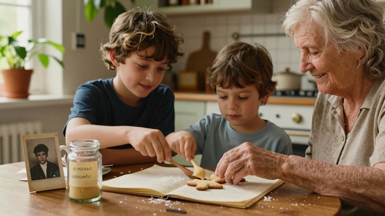Avó e dois netos a fazer bolachas numa cozinha acolhedora com foto antiga em moldura.