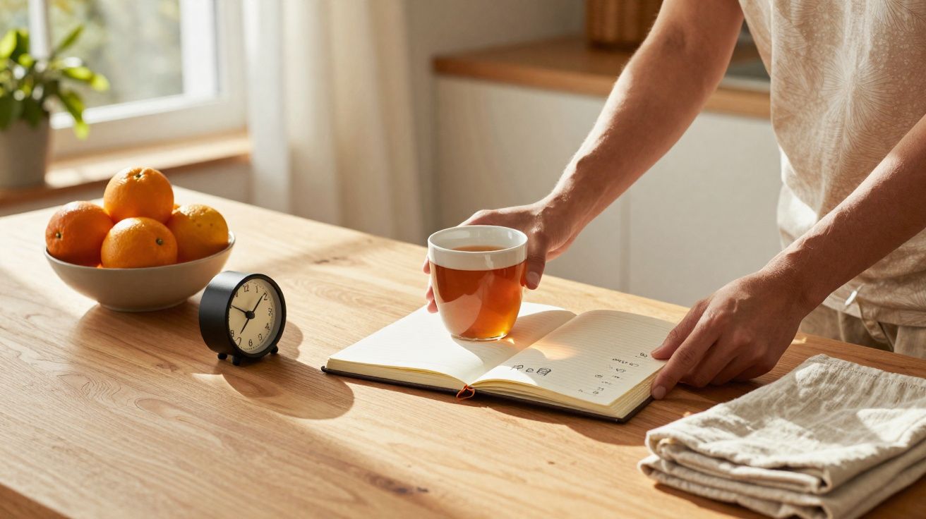 Pessoa a segurar chá junto a agenda aberta, relógio preto e tigela com laranjas numa mesa de madeira.