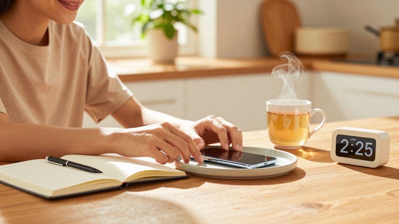 Pessoa sentada numa mesa de madeira, tocando num telemóvel enquanto ao lado está um caderno aberto, uma chávena de chá fumega