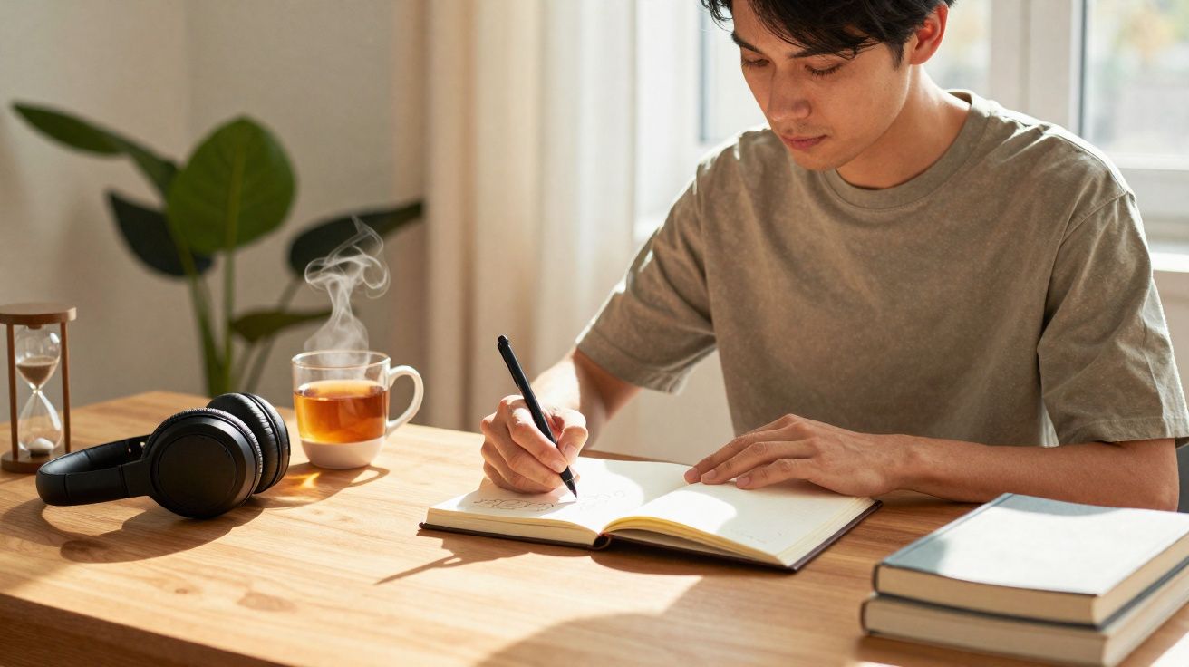 Jovem sentado a escrever num caderno, com chá quente, auscultadores e livros numa mesa de madeira iluminada.