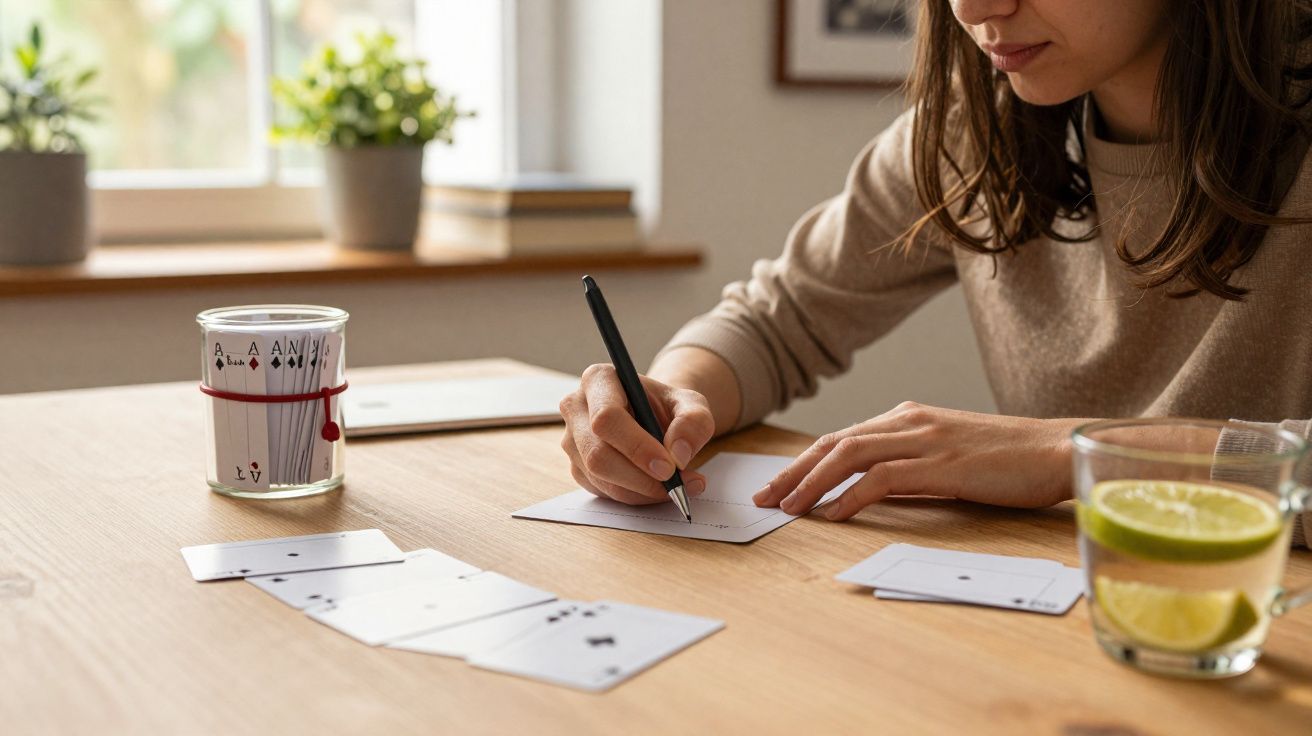 Pessoa a escrever num papel numa mesa com cartas de baralho espalhadas e copos com bebida e limão.