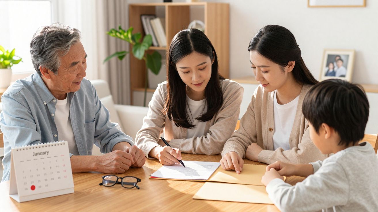 Quatro pessoas sentadas à mesa a assinar documentos, com calendário e óculos na mesa de madeira.