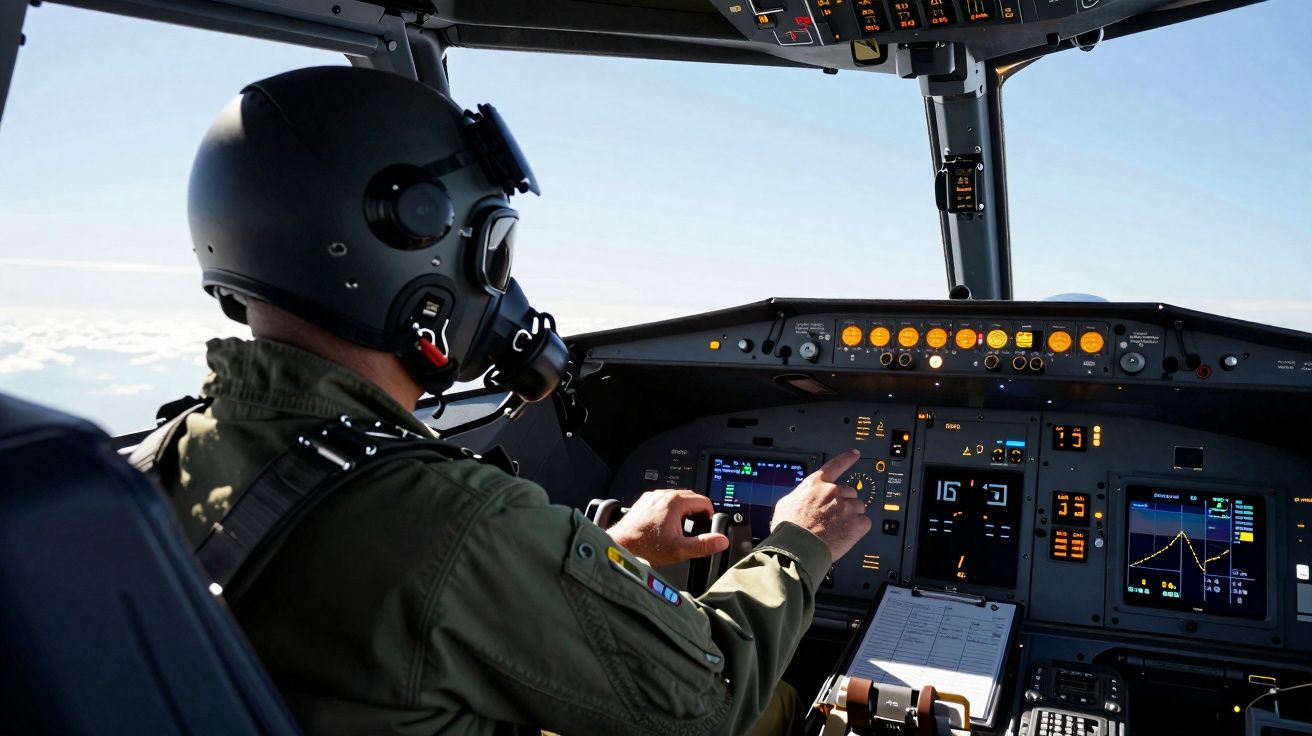 Piloto militar com capacete e máscara opera comandos no cockpit de um avião em voo.
