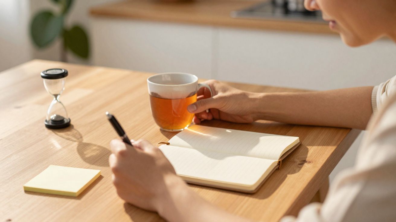 Pessoa escrevendo num caderno com uma chávena de chá sobre uma mesa de madeira clara num ambiente iluminado.