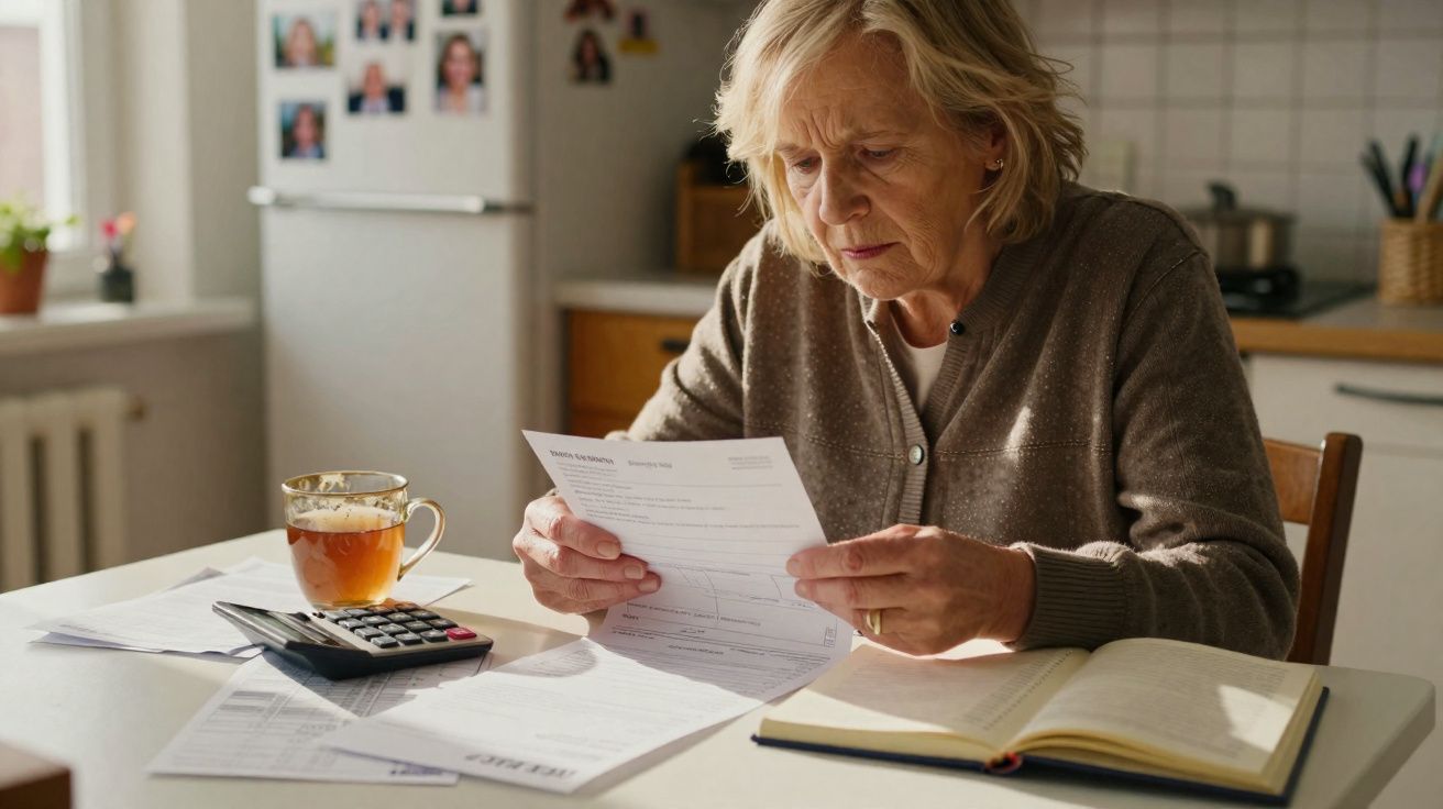 Mulher idosa a analisar documentos sentada à mesa da cozinha com chá e calculadora à sua frente.