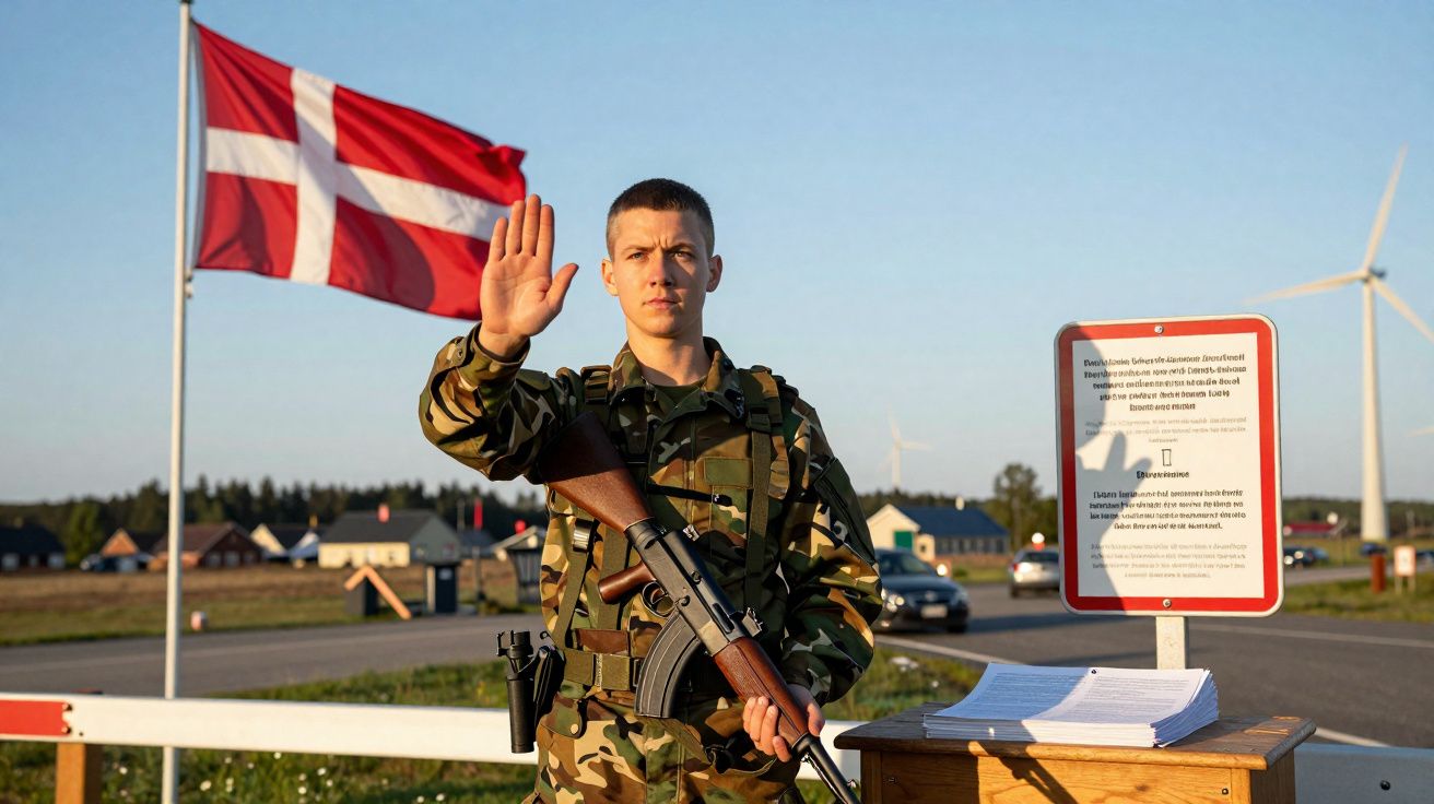 Soldado dinamarquês em uniforme camuflado, segurando uma arma e com a mão levantada, com bandeira da Dinamarca ao fundo.