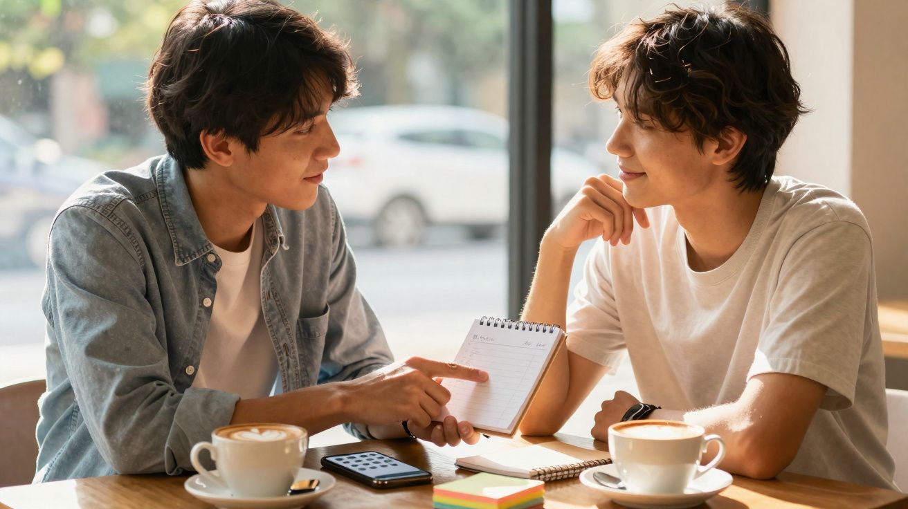 Dois jovens conversam numa cafeteria, um mostra anotações num bloco ao outro.