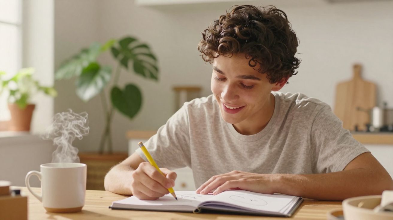 Jovem sentado a desenhar num caderno com um lápis, sorrindo, numa cozinha iluminada com plantas ao fundo.