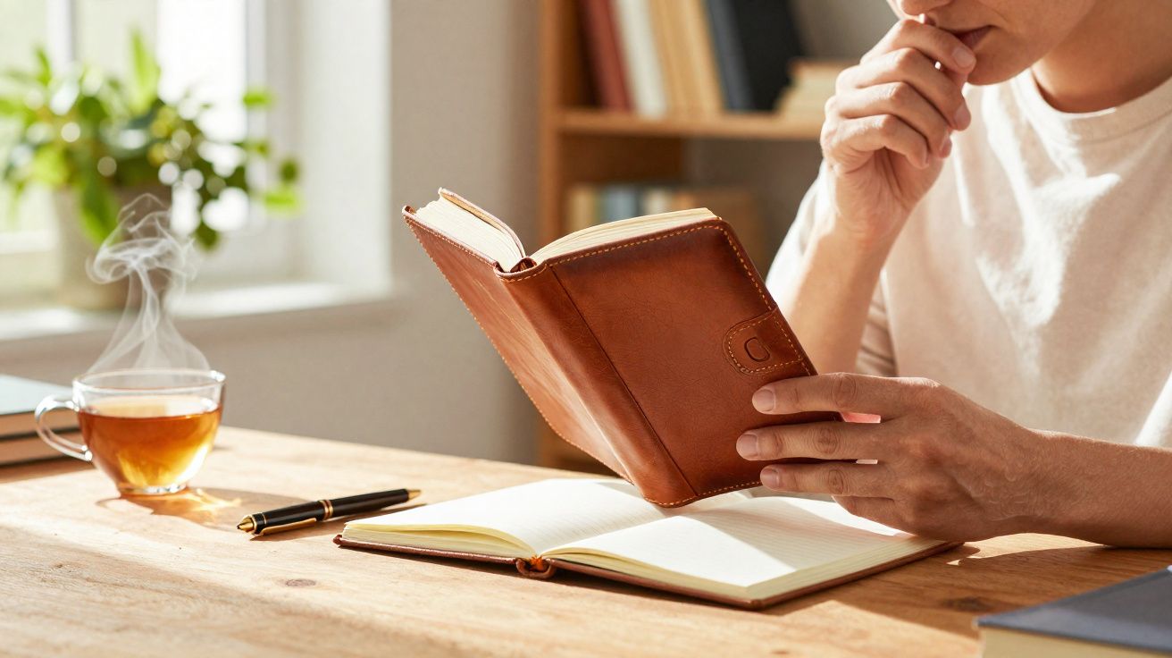 Pessoa a ler um livro com capa castanha, com chá quente e caderno sobre mesa de madeira.