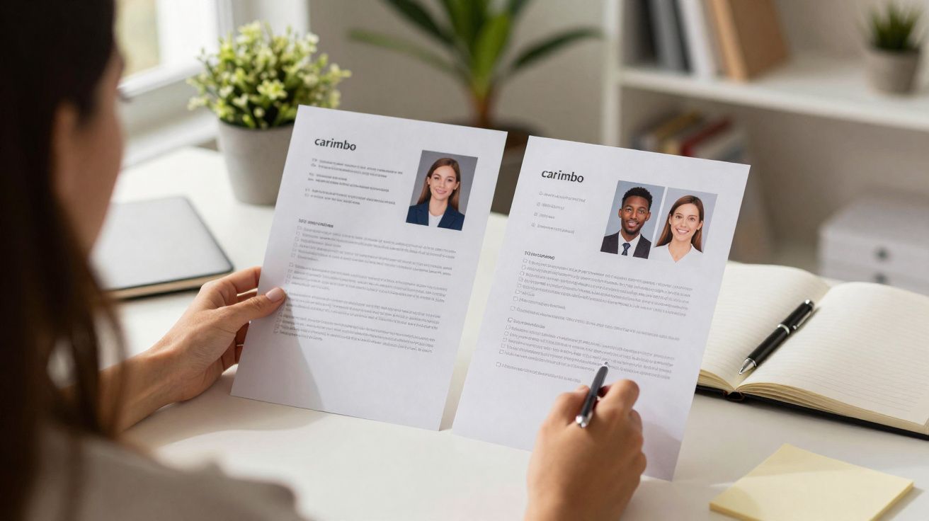 Pessoa a analisar dois currículos com fotografias num ambiente de escritório bem iluminado.